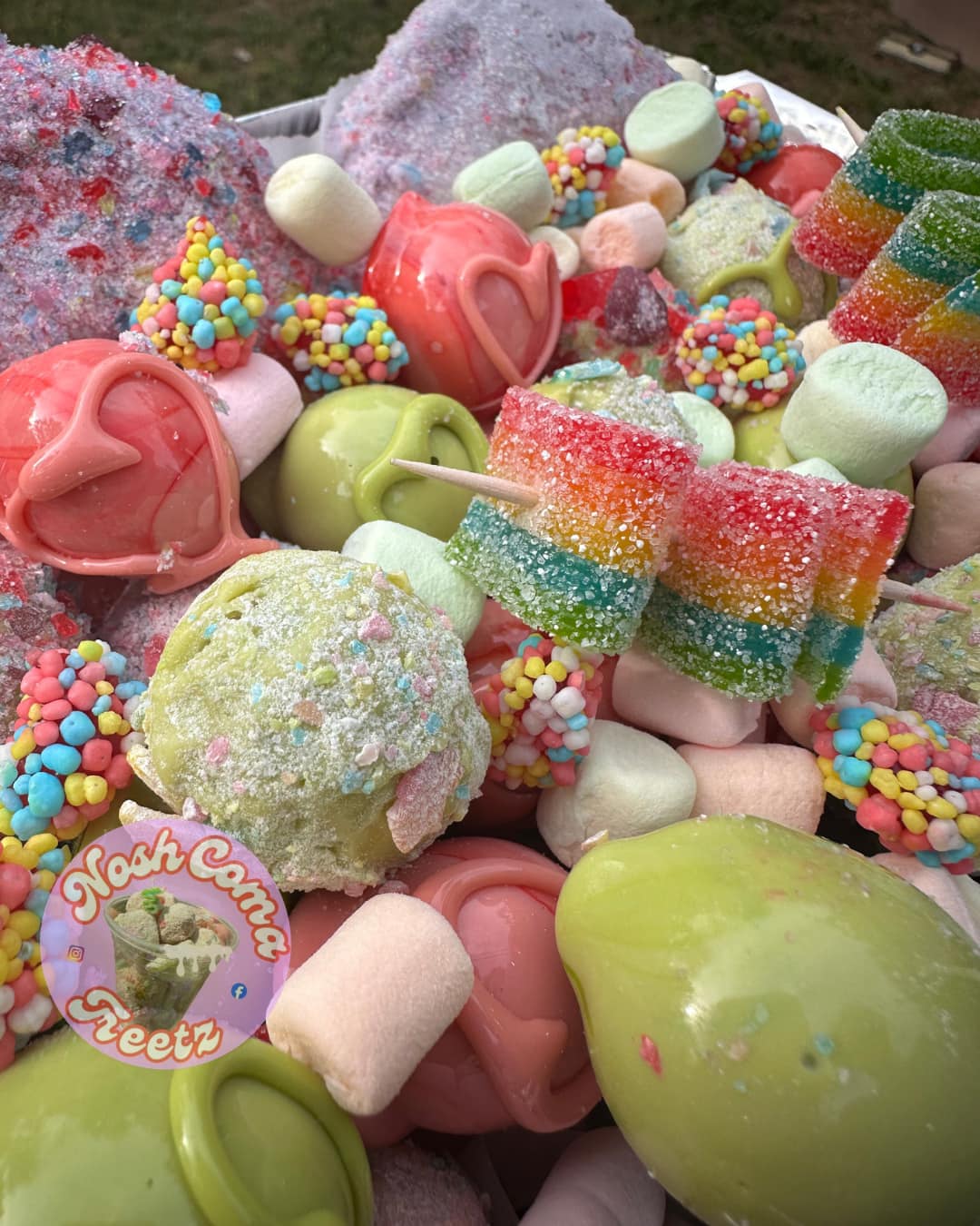 Candied fruit platter with green and red treats